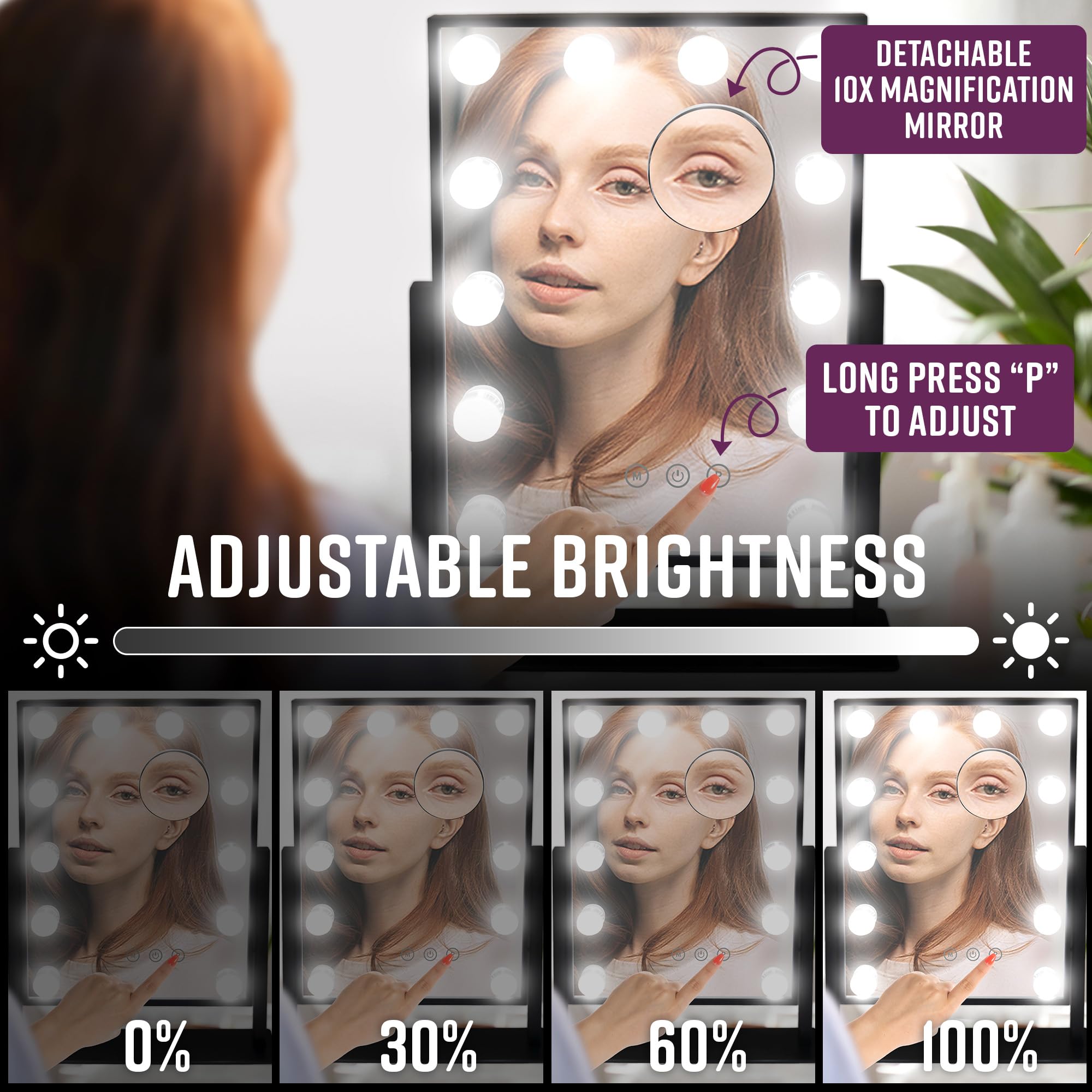 GloBrite Hollywood Mirror with 12 LED Bulbs - 3 Colour Light Modes & Adjustable Brightness, Touch Screen, 360 Rotation, Light Up Mirror, No Assembly