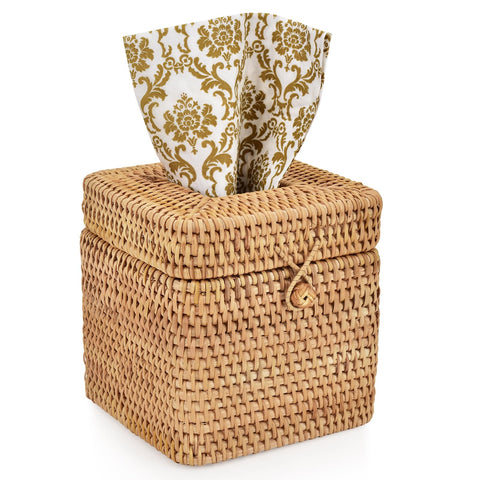 Handmade Rattan Tissue Box Cover, Natural Hand Woven Wicker Tissue Holder, 14.5 x 14.5 x 14.5 cm,Square (Square)