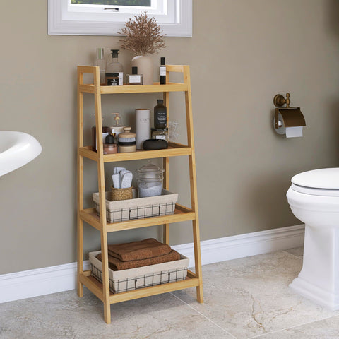 SMIBUY Bamboo Ladder Bookcase, Bathroom Storage Rack Organizer, 4 Tier Freestanding Plant Display Stand Space Saver Shelves for Bedroom, Kitchen,