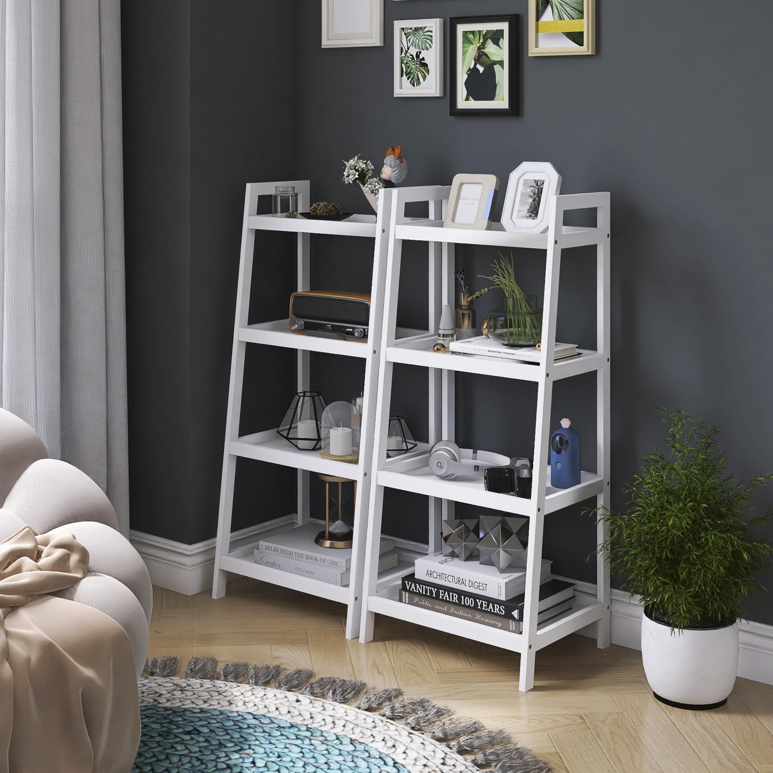 SMIBUY Ladder Shelf, 4 Tier Bamboo Bookshelf, Bathroom Storage Organizer Plant Display Stand, Freestanding Open Shelving Unit with Handles for Home