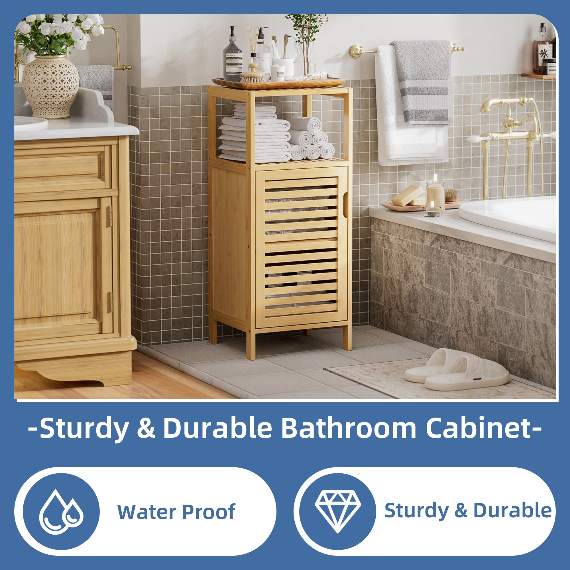 HITNET Bathroom Cabinet Freestanding, Small Bamboo Floor Cabinet, Sofa Side Table Storage Organizer, Space Saving Kitchen Cupboard for Bedroom Living