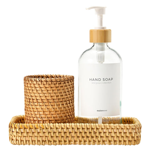 MaisoNovo Rattan Bathroom Set - Clear Countertop Dispenser, Toothbrush Holder & Toothpaste Cup with Tray - Set of 3 - Rattan Bathroom Vanity Trays