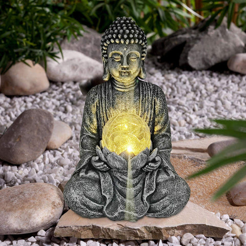 Goodeco Meditating Buddha Ornament with Solar Light,Zen Solar Garden Buddha Statue with Cracked glass ball sculpture-Indoor/Outdoor Decor Gifts for