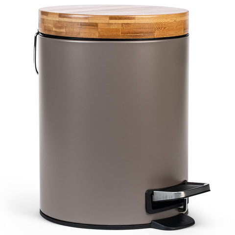 Kazai. 5L Designer Bathroom Bin | Superior Bamboo | Soft Closing | Anti-Finger | Taupe (Dark)