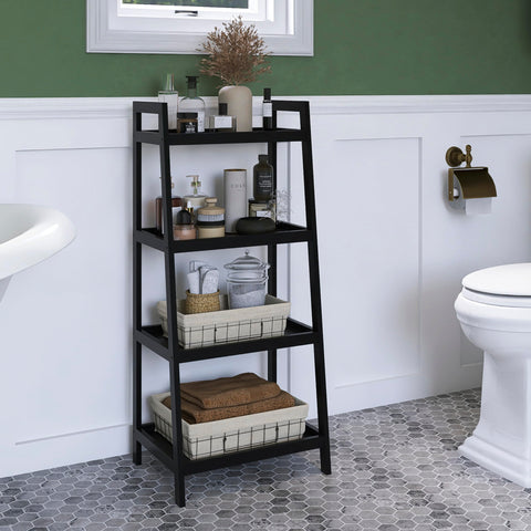 SMIBUY Bamboo Bookshelf, Bathroom Storage Rack Organizer, Plant Flower Display Stand Floor Standing with 4 Tier Open Shelves and Handles (Black)