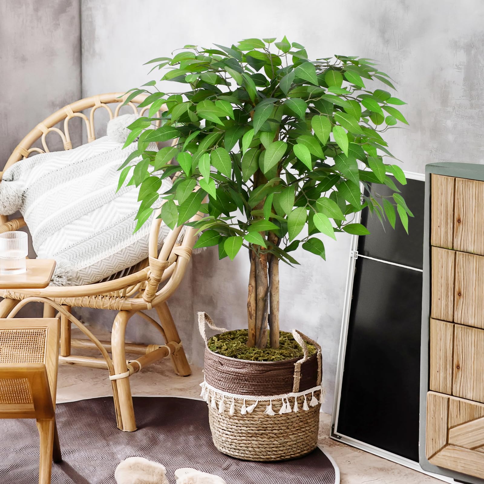 Keeplush 3ft Ficus Artificial Trees with Natural Curved Trunks, 36" Tall Lush Faux Tree for Home Decor Indoor, Green Lifelike Fake Ficus Tree
