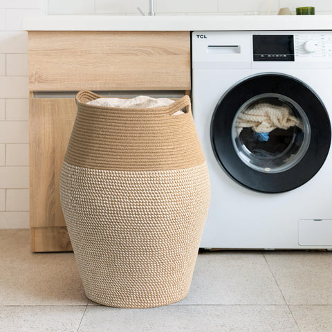 Laundry Hamper Tall Woven Cotton Rope Laundry Basket Dirty Clothes Hamper Kids Curve Laundry Basket Large in Bathroom Laundry Room for Dirty Clothes