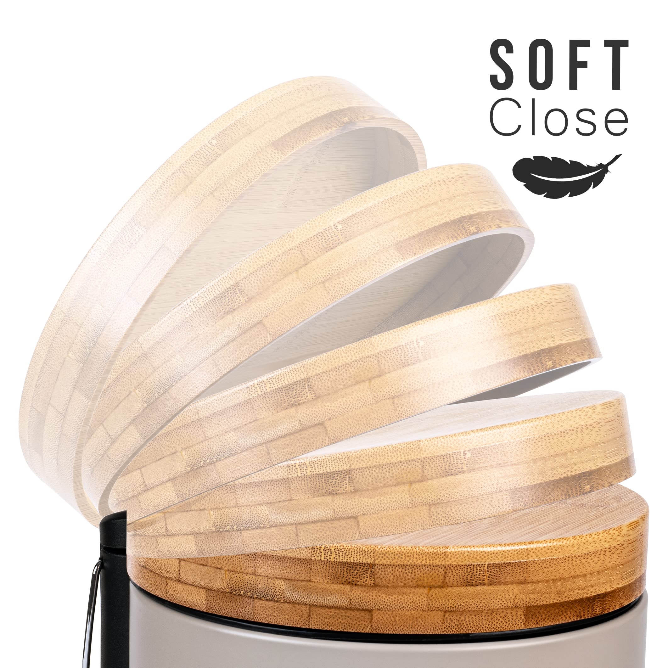 Kazai. 5L Designer Bathroom Bin | Superior Bamboo | Soft Closing | Anti-Finger | Taupe (Bright)