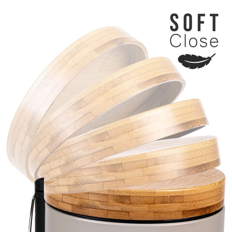 Kazai. 5L Designer Bathroom Bin | Superior Bamboo | Soft Closing | Anti-Finger | Taupe (Bright)
