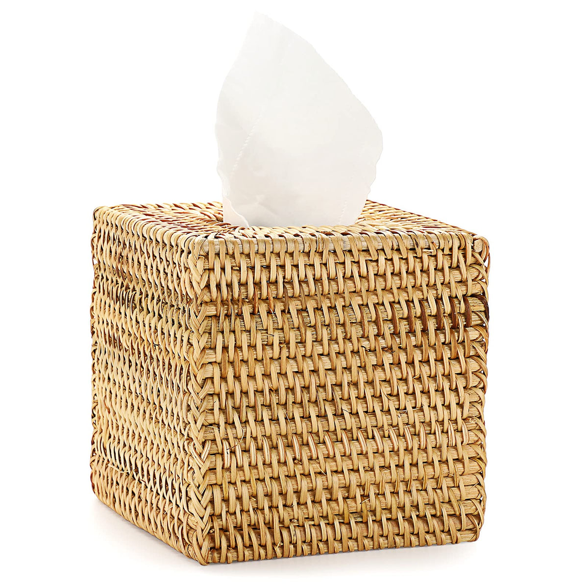IGNPION Rattan Woven Decorative Square Tissue Box Roll Holder Cover Whitewash (Natural Color, 15x15x15)