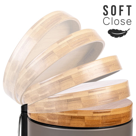 Kazai. 5L Designer Bathroom Bin | Superior Bamboo | Soft Closing | Anti-Finger | Taupe (Dark)