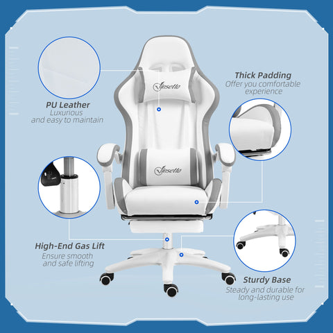 Vinsetto Computer Gaming Chair, PU Leather Desk Chair with Footrest, Swivel Task Chair with 135\'c2\'b0 Reclining Back and Lumbar Support, PC Chair for Adults, White and Grey