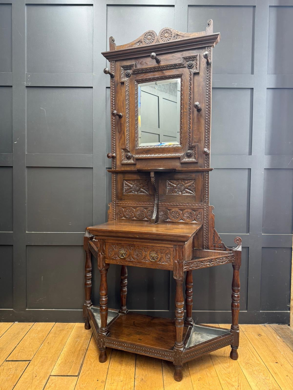 Antique Oak Hallway Coat & Hat Stand with Mirror and Storage