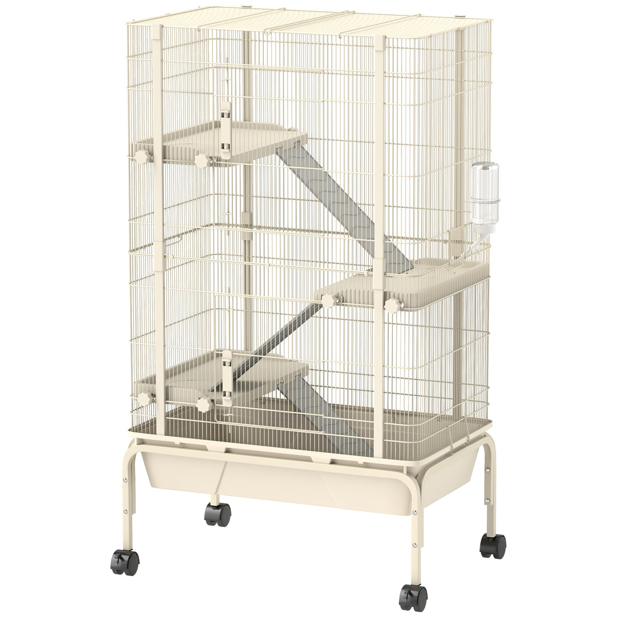 PawHut 4 Levels Rolling Small Animal Cage, Rabbit Cage with 3 Ramps, Water Bottle, Food Dish, 15cm Deep Tray, Beige