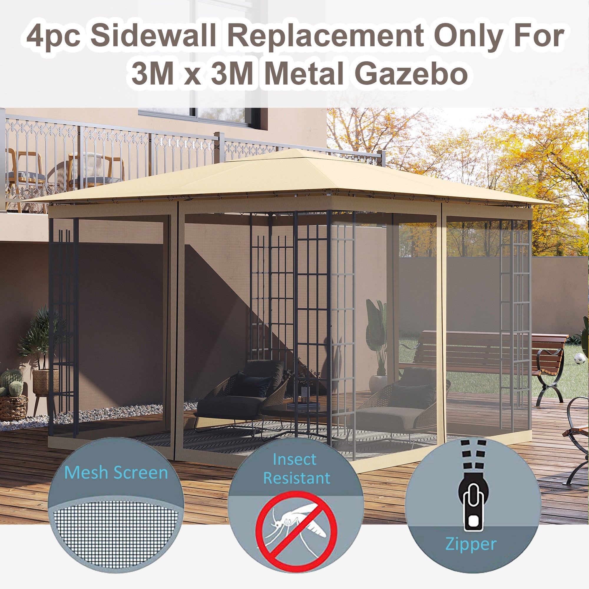 Outsunny 302 x 207cm Universal Replacement Mesh Sidewall Netting for Gazebos and Canopy Tents, (Sidewall Only) Beige