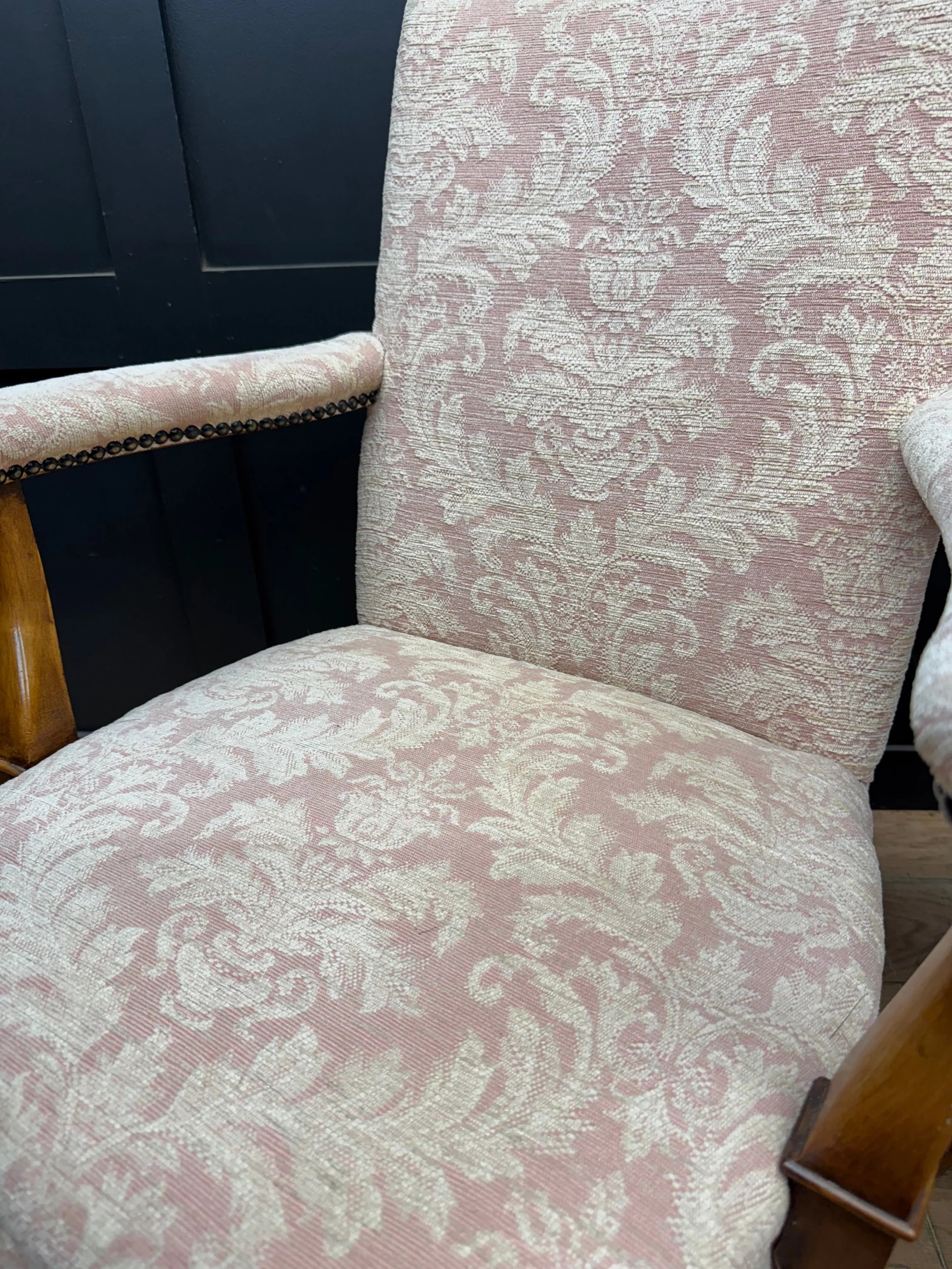 Pair Antique Pink Upholstered Bedroom Armchairs Chairs Mahogany Salon Seats