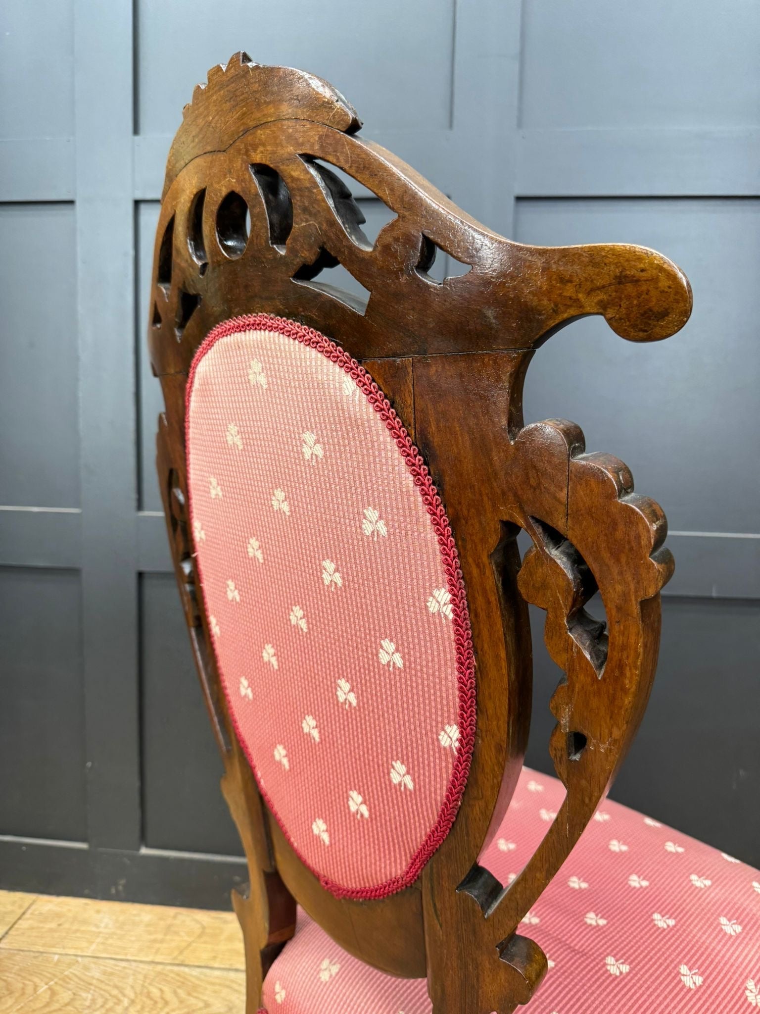 Victorian Carved Walnut Nursing Chair – Scroll Legs & Red Side Bedroom Chair