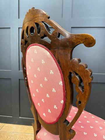 Victorian Carved Walnut Nursing Chair – Scroll Legs & Red Side Bedroom Chair