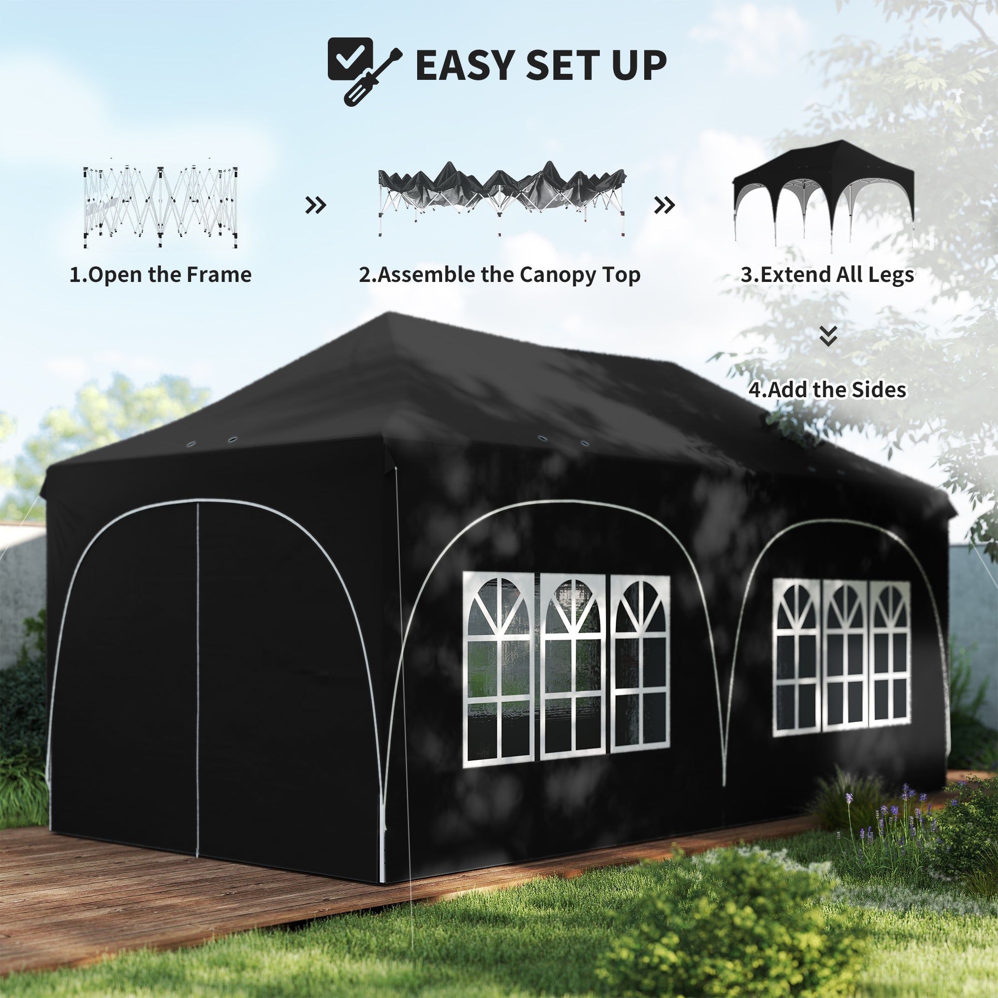 Outsunny 3 x 6m Pop Up Gazebo Shelter with Sides, 6 Sandbags, Peak Top Garden Party Tent Marquee with Carry Bag, Black