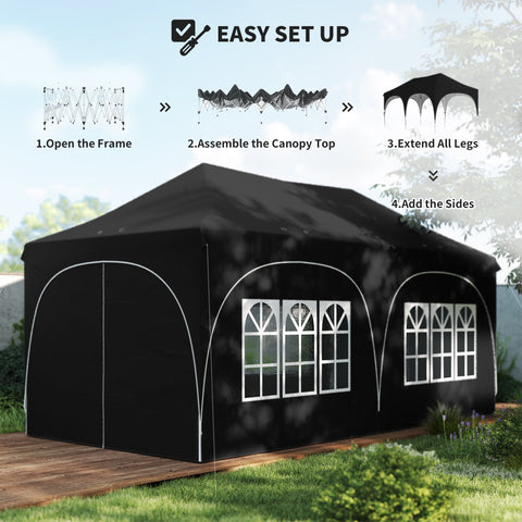 Outsunny 3 x 6m Pop Up Gazebo Shelter with Sides, 6 Sandbags, Peak Top Garden Party Tent Marquee with Carry Bag, Black