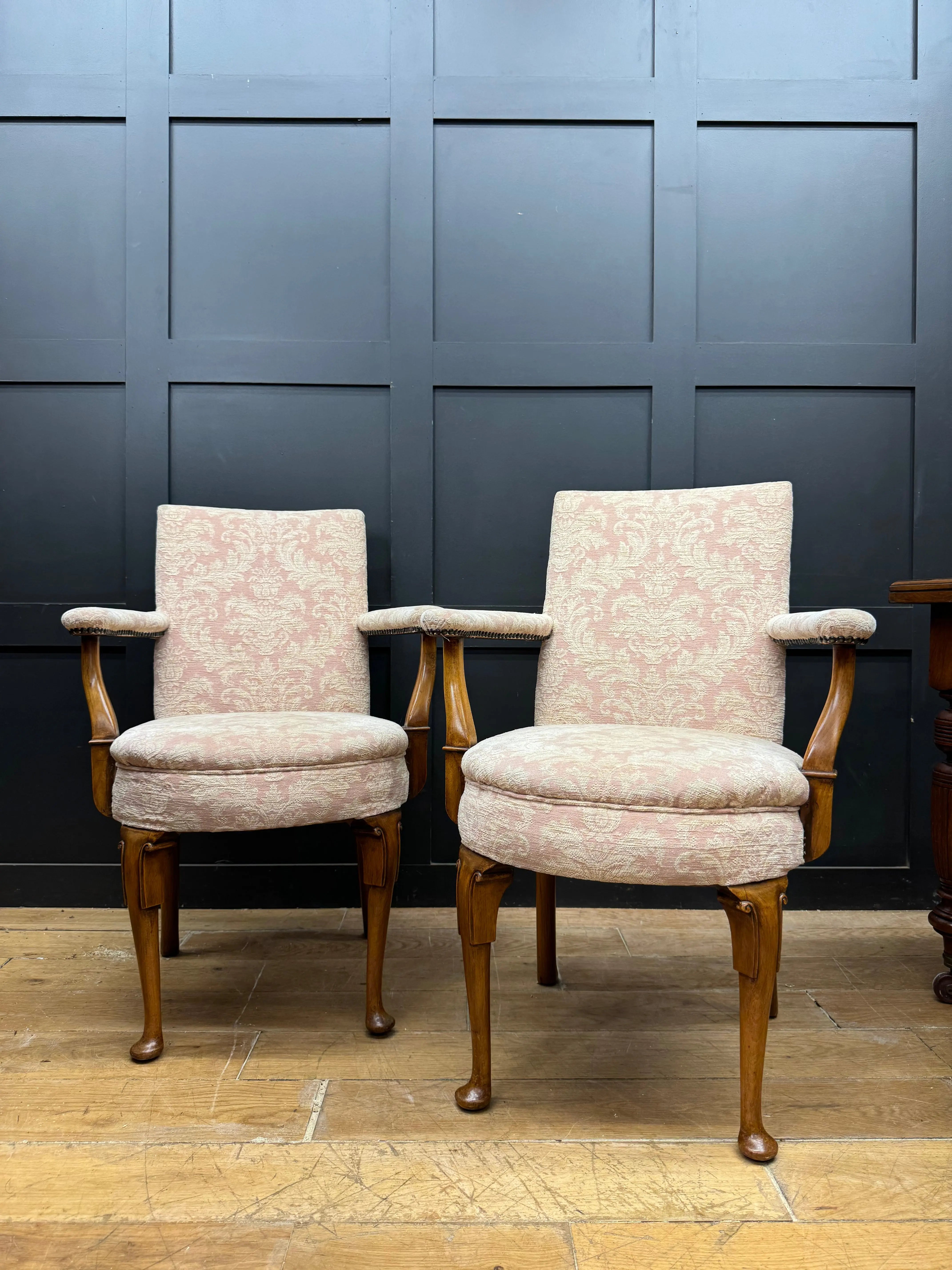 Pair Antique Pink Upholstered Bedroom Armchairs Chairs Mahogany Salon Seats