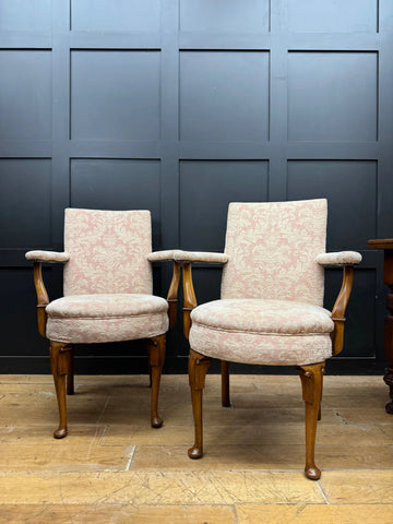 Pair Antique Pink Upholstered Bedroom Armchairs Chairs Mahogany Salon Seats
