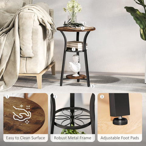 HOMCOM Small Round Side Table with 3 Storage Shelves - Rustic Brown