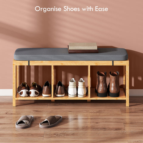 HOMCOM Bamboo Shoe Bench, Entryway Storage Bench with Padded Cushion and Open Shelf, Natural Wood Finish