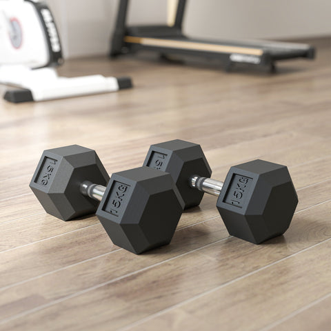 HOMCOM 2x15KG Rubber Hex Dumbbell Portable Hand Weights Dumbbell Home Gym