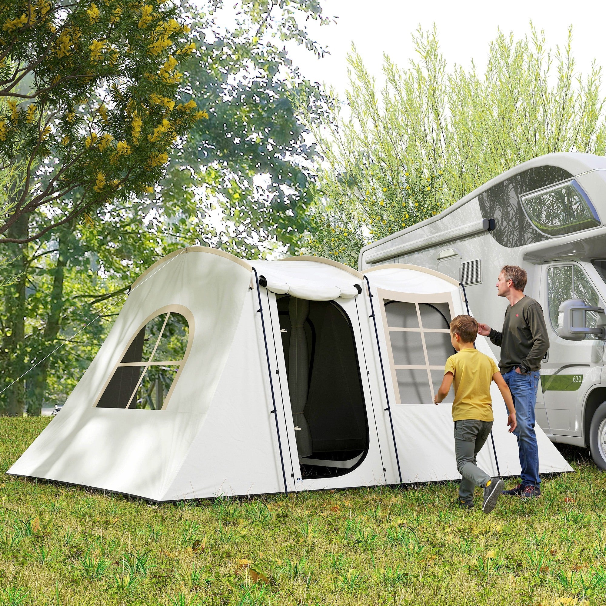 Outsunny 3-4 Man Tunnel Tent, Family Camping Tent with Porch, Bedroom and Living Area, Sewn in Groundsheet, 3000mm Waterproof, Portable with Bag for Hiking, Festival, Backpacking, Khaki