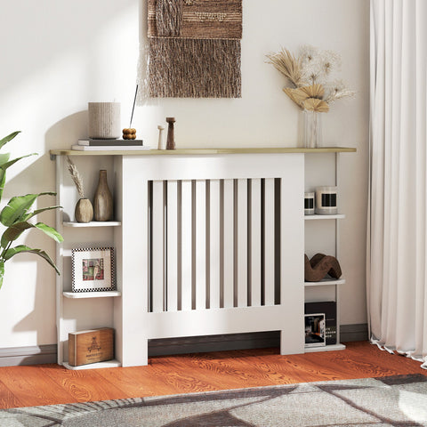 HOMCOM Radiator Cover with Open Storage Shelves, Vertical Slatted Cabinet Shelf Heater Cover for Living Room, Hallway, Medium, White