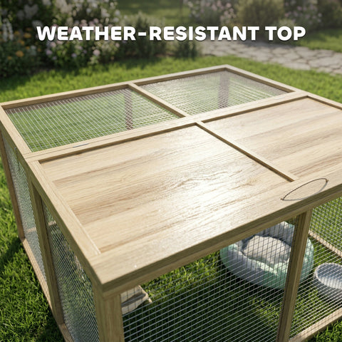 PawHut Wooden Folding Rabbit Hutch, for 2-3 Rabbits - Natural Wood
