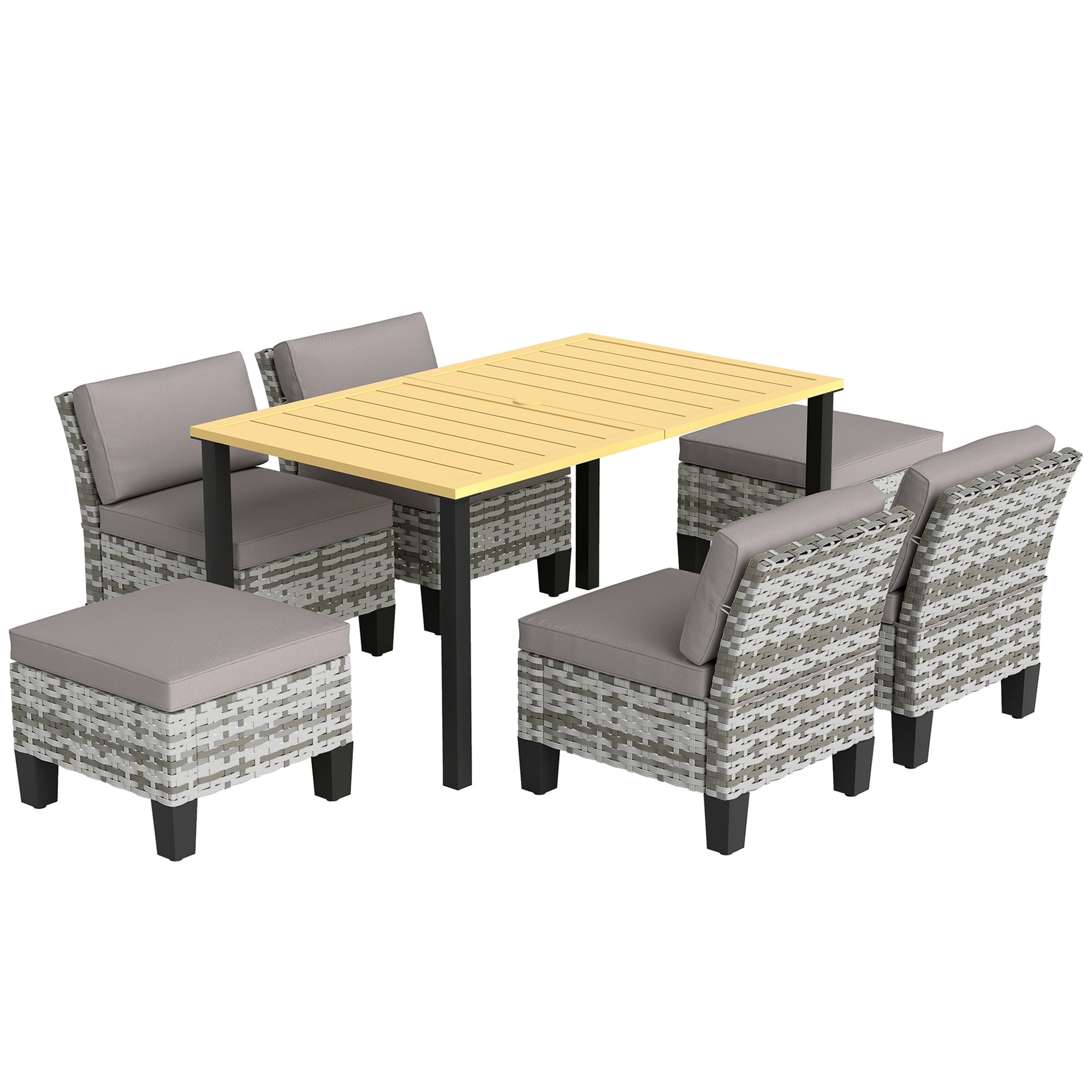 Outsunny 7-Piece Rattan Garden Dining Set, 6 Seater Wicker Garden Furniture Set with Seat and Back Cushions, Umbrella Hole, Patio Table and Chairs with Slatted Metal Top Table for Balcony, Grey