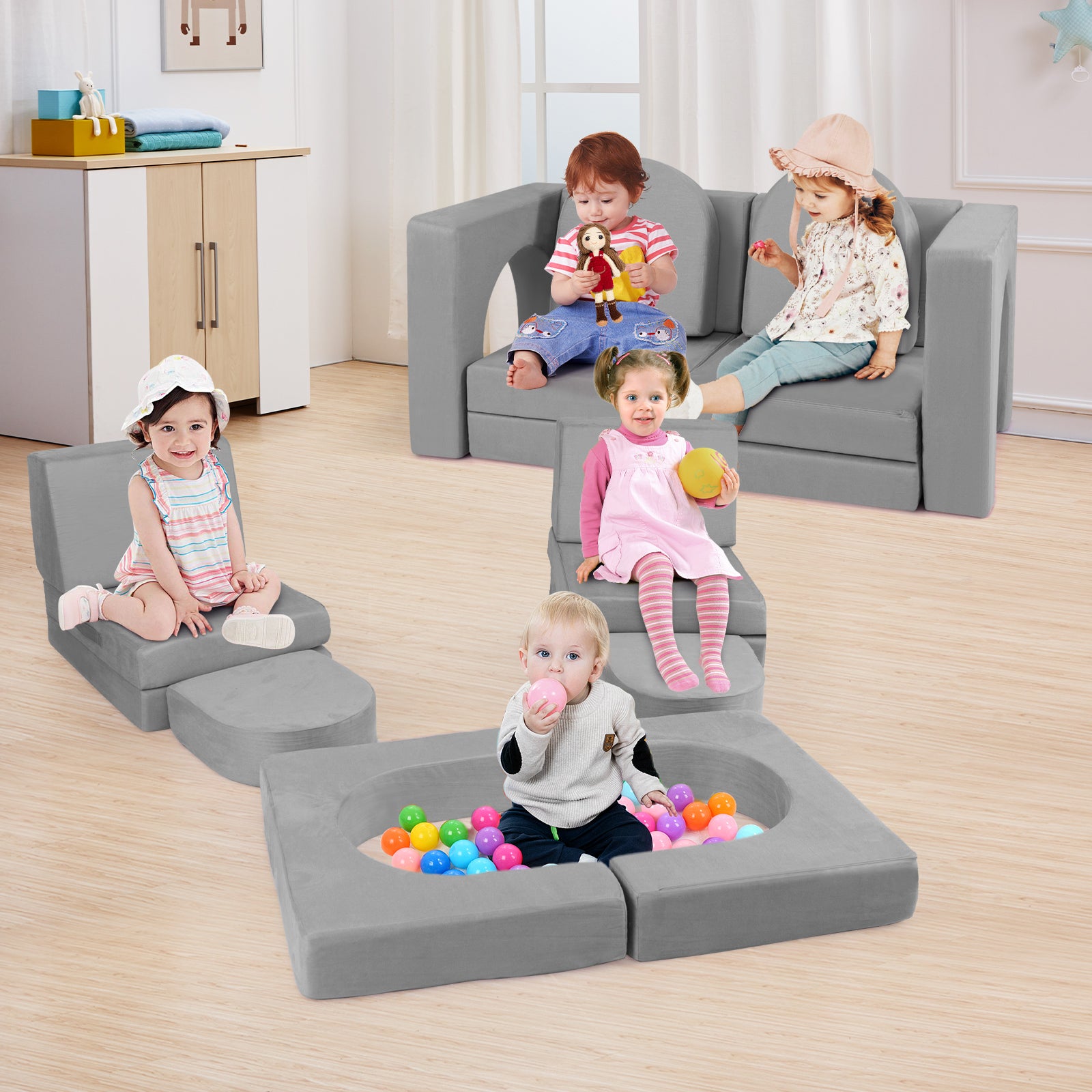 8-Piece Modular Kids Play Couch with Machine-washable Covers-Grey