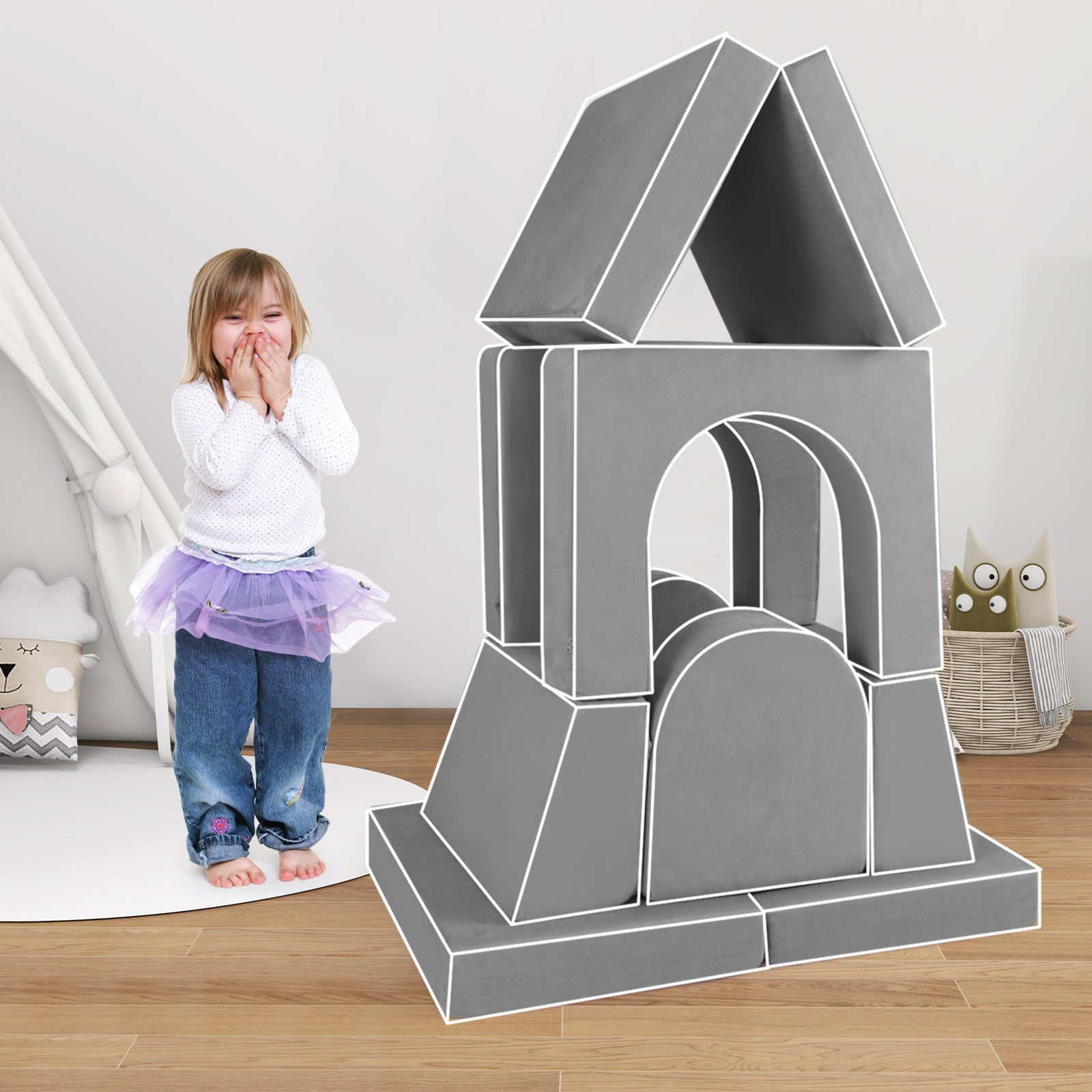 8-Piece Modular Kids Play Couch with Machine-washable Covers-Grey
