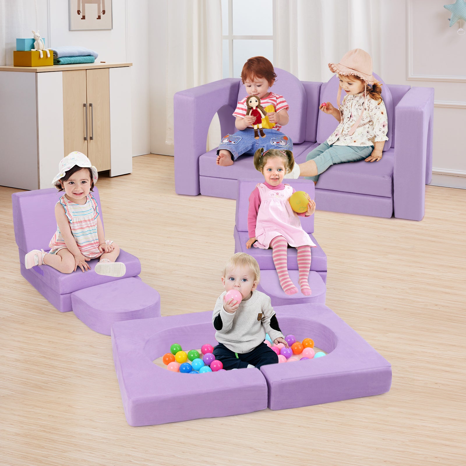 8-Piece Modular Kids Play Couch with Machine-washable Covers-Grey