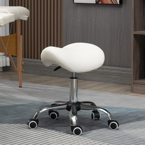 HOMCOM Cosmetic Stool 360\'c2\'b0 Rotate Height Adjustable Salon Massage Spa Chair Hydraulic Rolling Faux Leather Saddle Stool, Cream