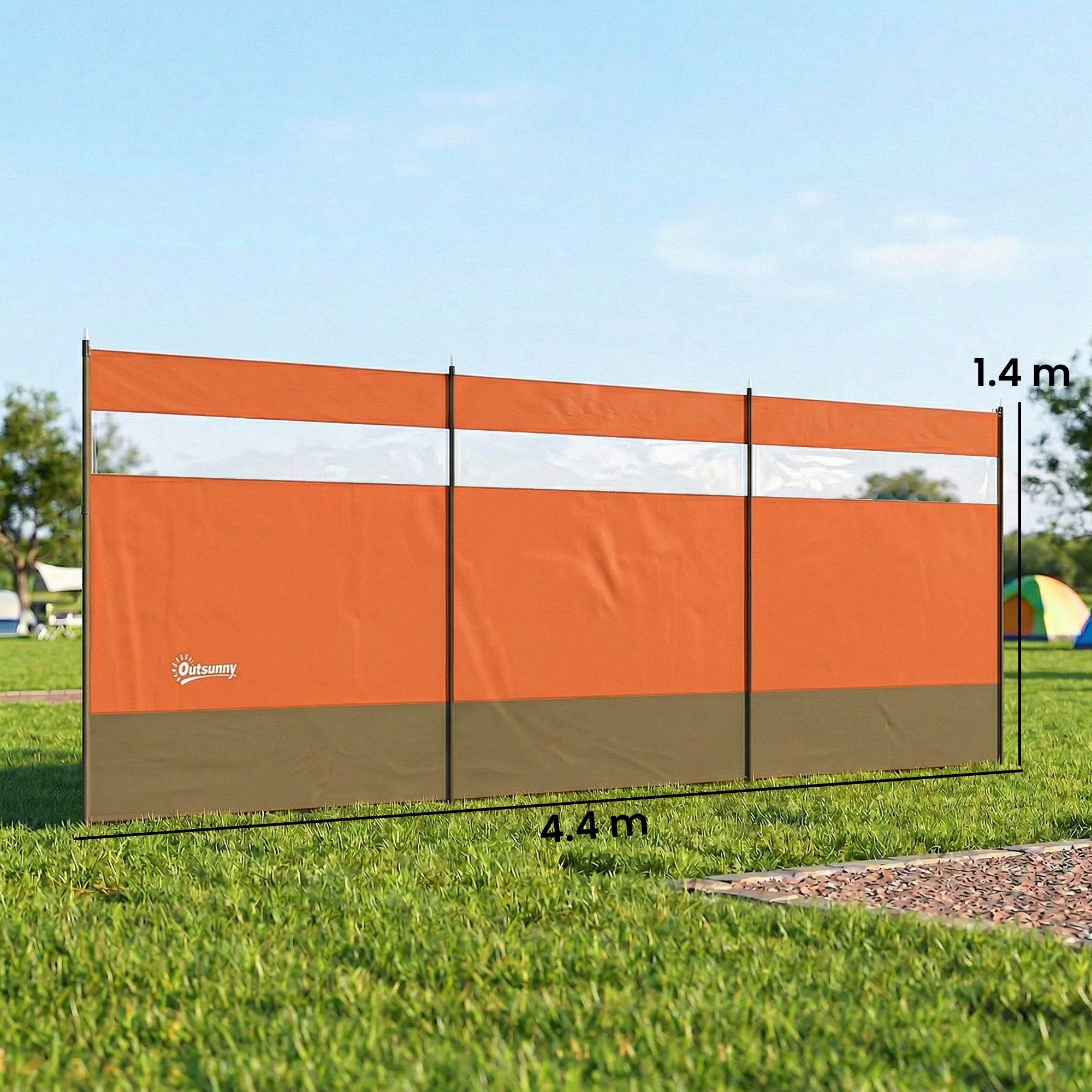 Outsunny Camping Windbreaker with Clear Windows, Carry Bag and Steel Poles, for Beach Caravan Campervan, 440 x 140cm, Orange