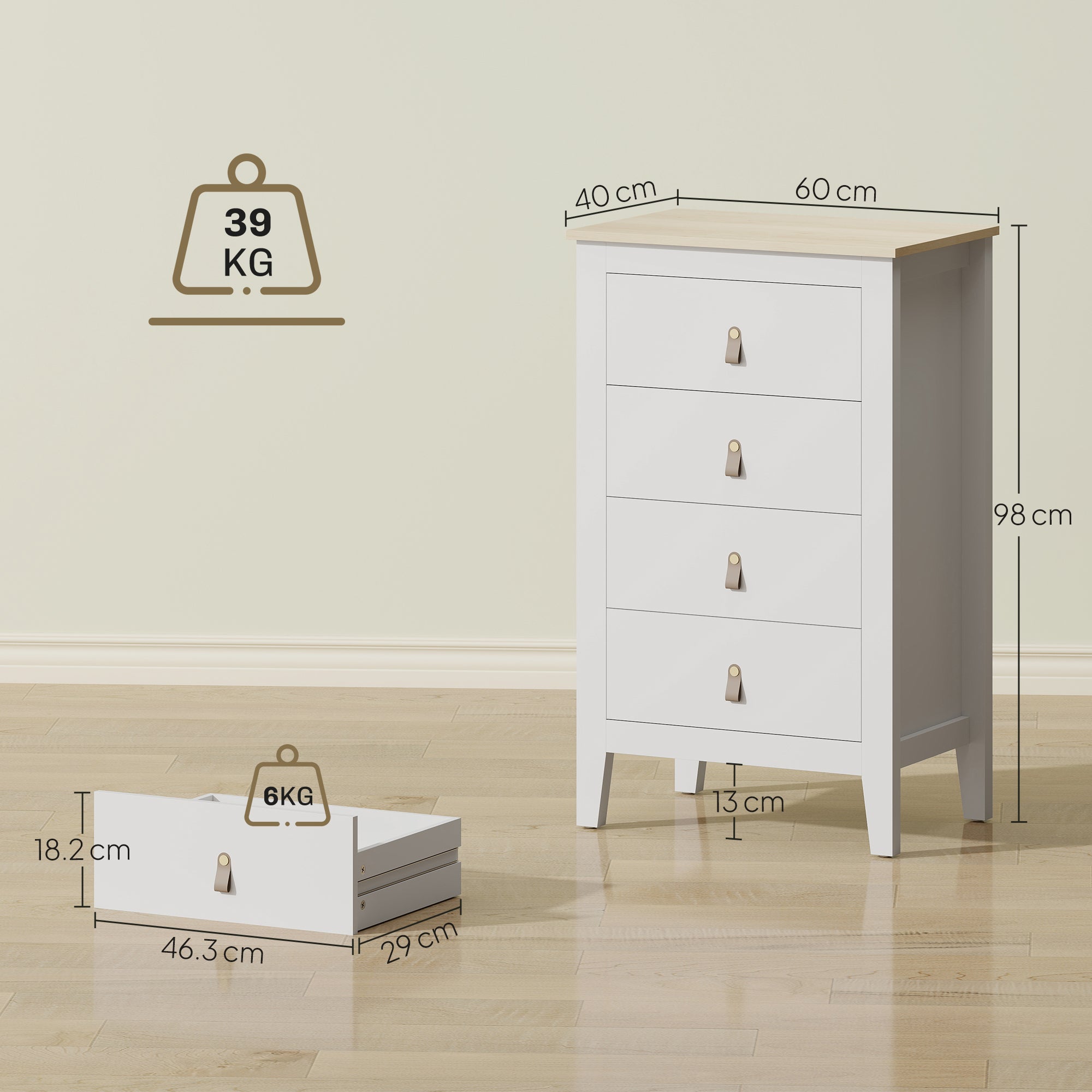 HOMCOM Bedroom Chest of Drawers, Modern 4 Drawer Dresser Cabinet with PU Leather Handles and Metal Runners for Living Room, Hallway, Entryway, White