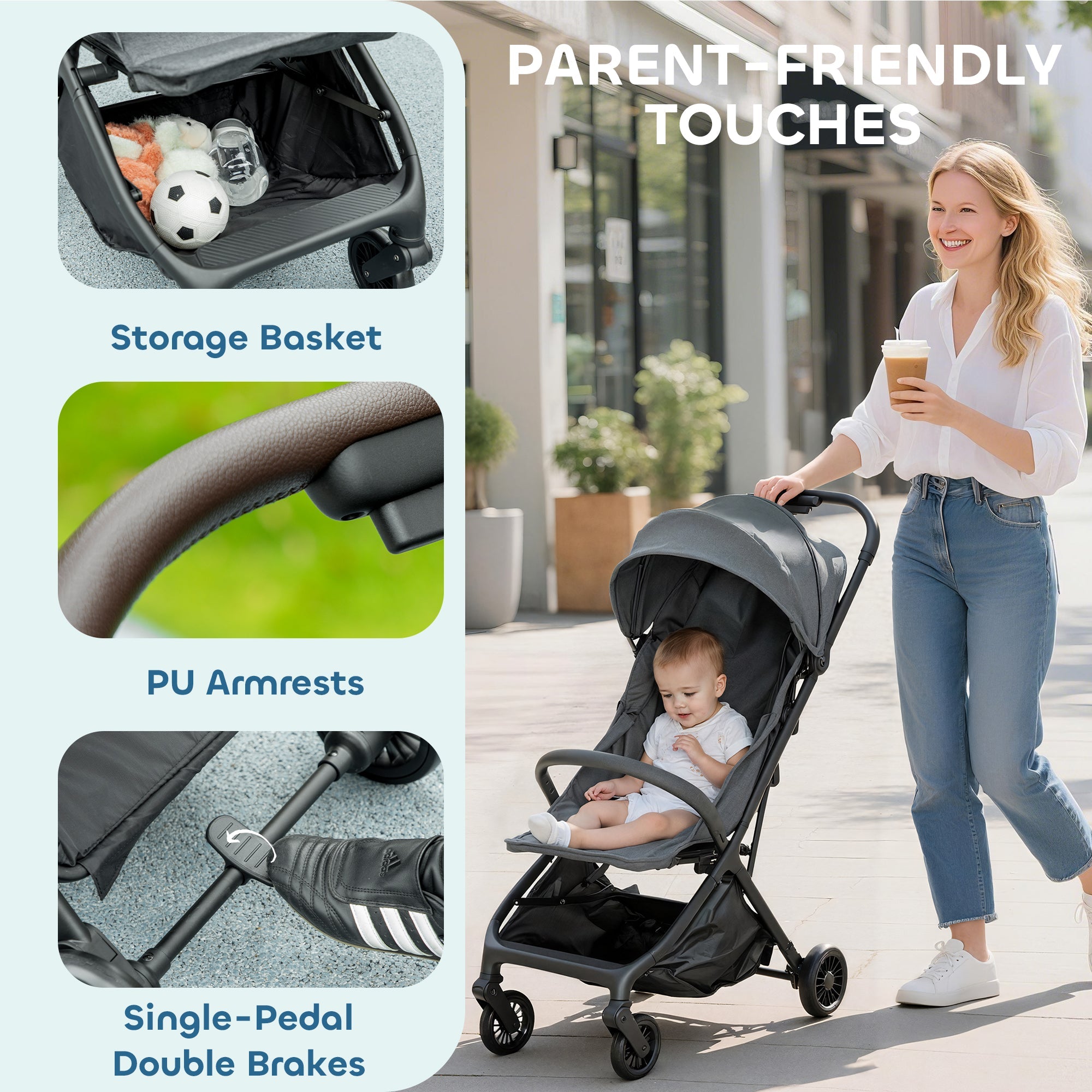 AIYAPLAY Foldable Baby Stroller with Adjustable Seat, 5-Point Harness, Canopy, Basket, 6.3kg Lightweight & Compact, Dark Grey