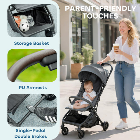 AIYAPLAY Foldable Baby Stroller with Adjustable Seat, 5-Point Harness, Canopy, Basket, 6.3kg Lightweight & Compact, Dark Grey