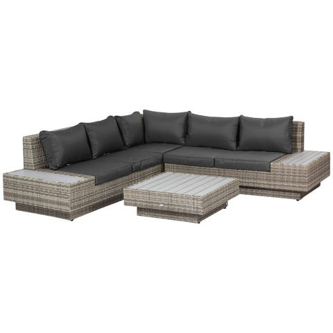 Outsunny 4 PCs Rattan Garden Furniture Outdoor Sectional Corner Sofa and Coffee Table Set  Conservatory Wicker Weave Furniture with Armrest and Cushions - Light Grey