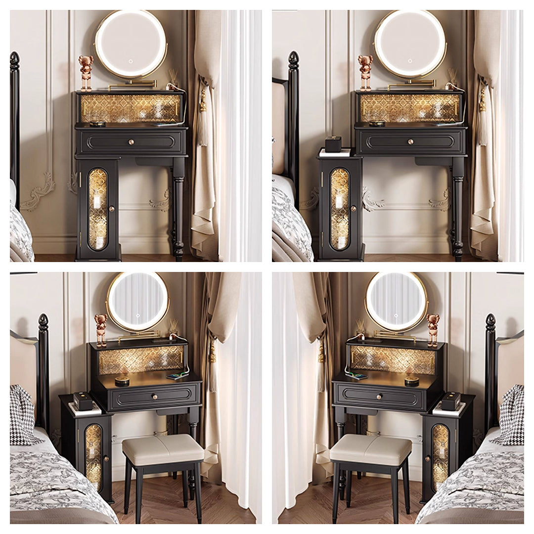 Nguyen Dressing Table With Side Cabinet & LED Mirror, Black