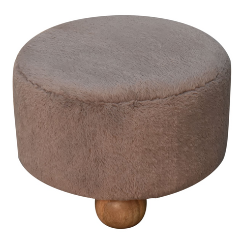 Artisan Furniture Solid Mango Wood Mocha Faux Fur Round Ball Footstool