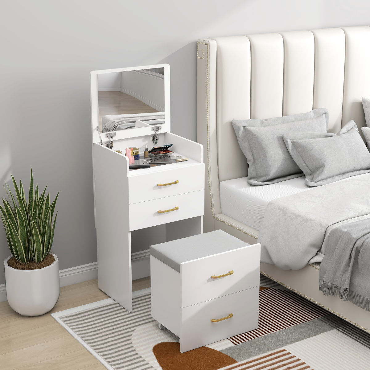 HOMCOM 3 in 1 Dressing Table Vanity Desk with Mirror and Cushioned Stool