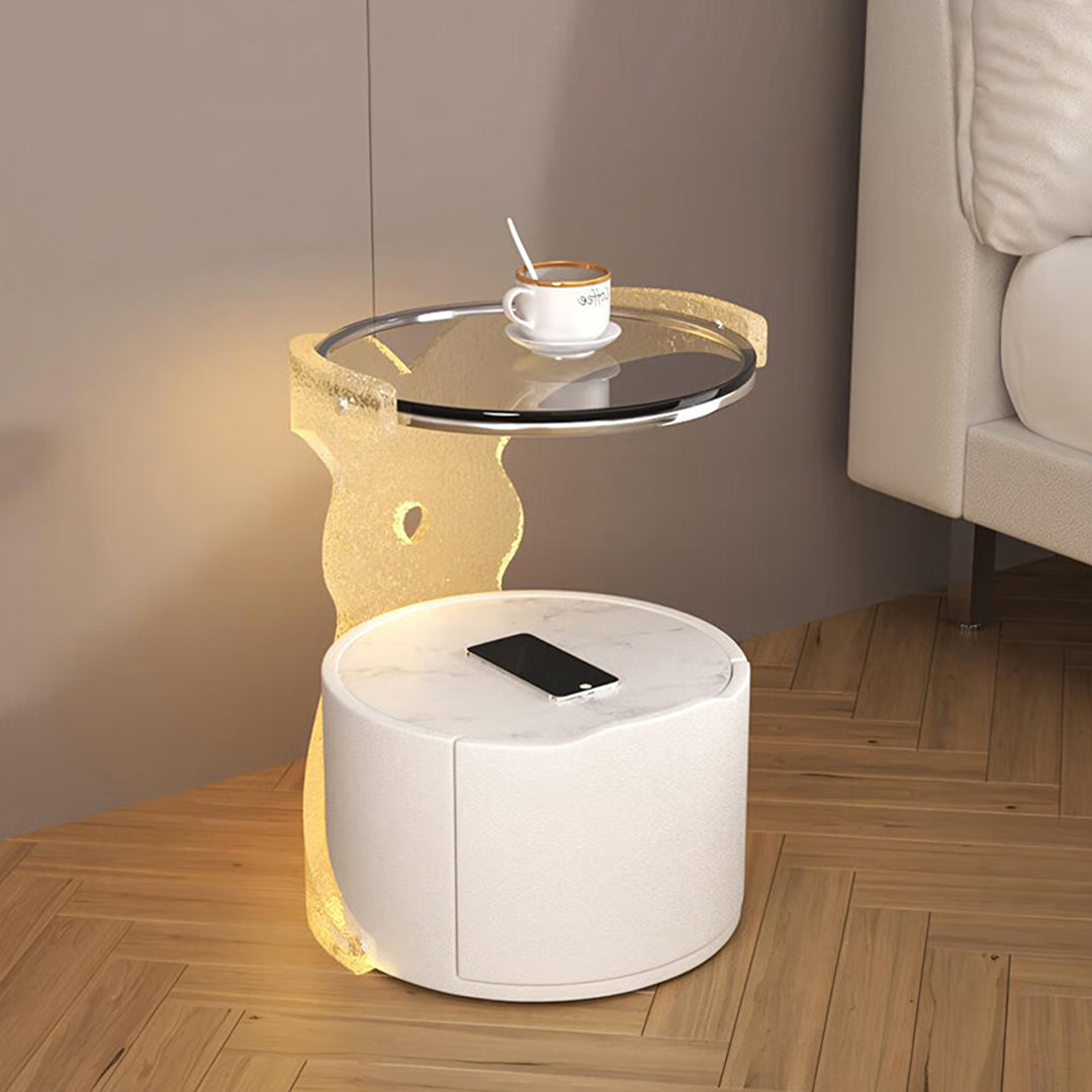 Hutton Round Bedside Table With Storage & Light Strip