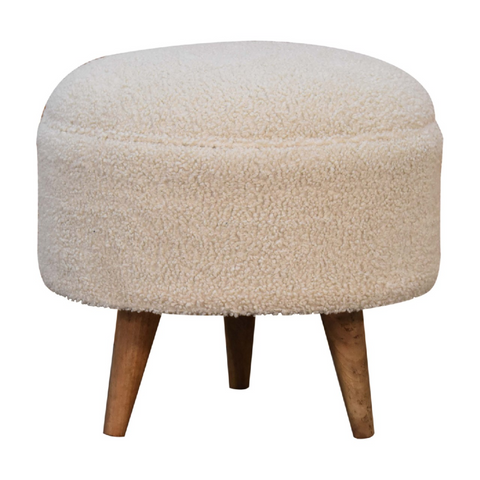 Artisan Furniture Solid Mango Wood Cream Boucle Rounded Footstool