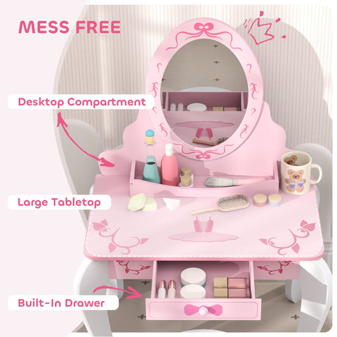 AIYAPLAY Kids Dressing Table Set, Vanity Table with Stool, Mirror, Drawer, Desktop Storage, Ballet Theme, Pink