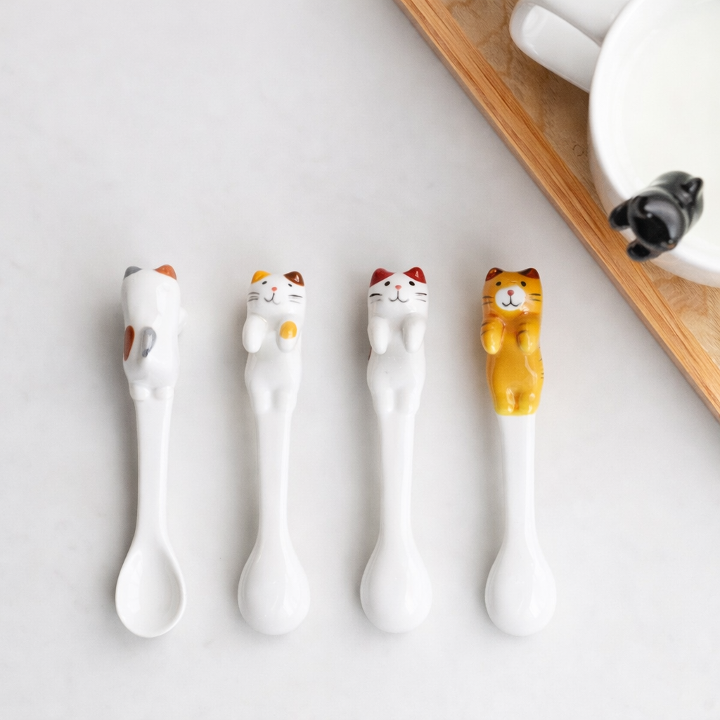 Ceramic Cat Shaped Tea Spoon Set – 4 Colors, Hang-on Cup Design