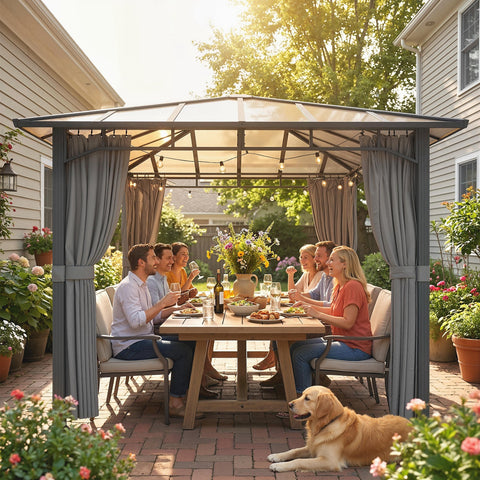 Outsunny 3 x 3 m Outdoor Hardtop Gazebo Canopy with PC Roof, Aluminium Permanent Pavilion Garden Gazebo with Curtains, Tan